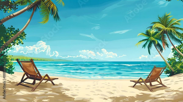 Fototapeta travel themed vector background tropical beach shades of sandy beige and ocean blue. a vector illustration of a tranquil beach scene with palm trees, turquoise waters, and sun loungers
