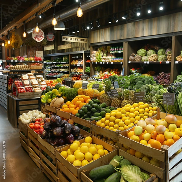Fototapeta a well-lit produce section in a grocery store. There is a wide variety of fruits and vegetables on display, including apples, oranges, grapes, broccoli, and lettuce.
