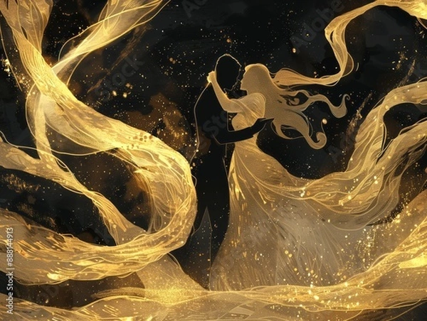 Fototapeta A man and woman dancing, golden light swirls around them, in the style of glowpunk with high contrast, elegant , detailed illustration, black background, dark gold color scheme, close-up shot. 