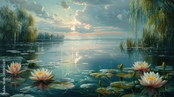 Fototapeta A tranquil watercolor scene featuring a serene lotus pond surrounded by lush foliage and misty reflections, evoking a sense of peace and calm