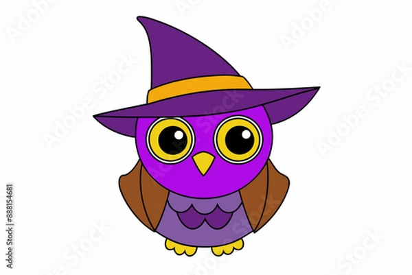 Obraz Cute Owl in Purple Witch Hat Vector Illustration - Cartoon Clipart and Line Art Design