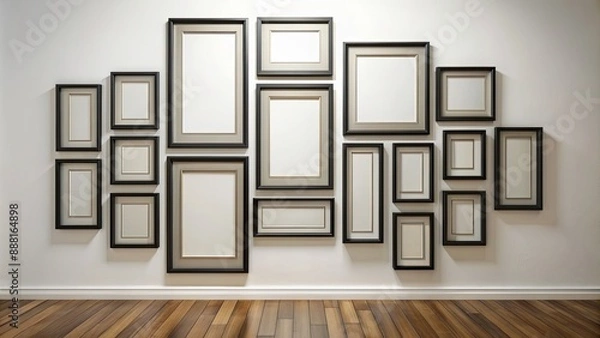 Fototapeta A dozen sleek black picture frames situated on a pristine white wall, awaiting artful additions, in a stylized 3D illustration setting.