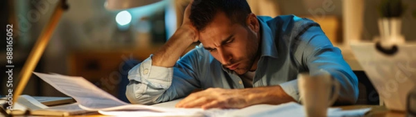 Obraz Tired office worker at desk with late night paperwork