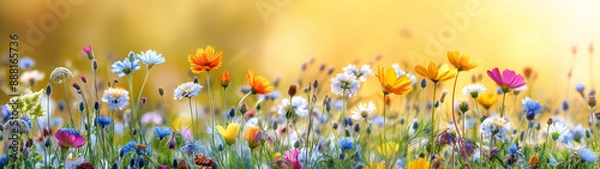 Fototapeta A vibrant field of wildflowers in full bloom against a golden sunrise. Generative AI	
