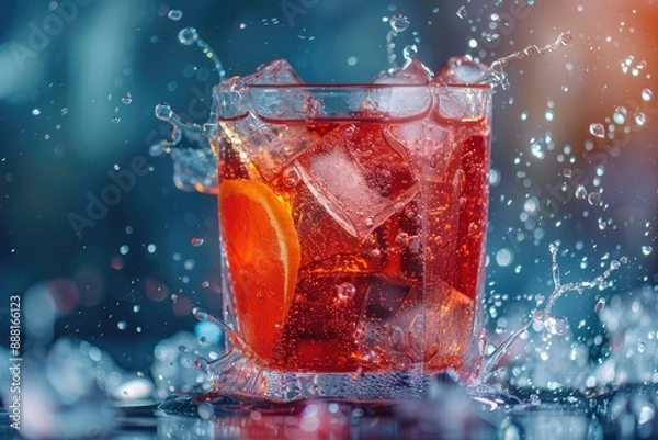 Fototapeta Refreshing cola drink with ice cubes in a clear glass, A refreshing soda with ice cubes, AI generated