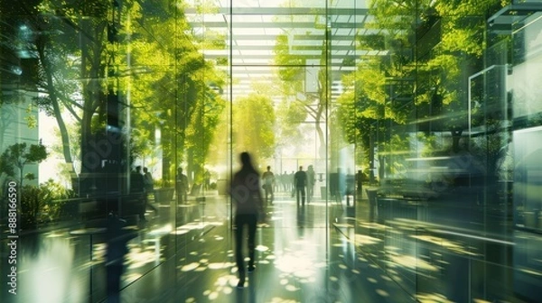 Fototapeta Glass office and working space with blurred people walking fast movement, Eco-friendly featuring sustainable building with green environment and trees, green environment in city, Generative AI