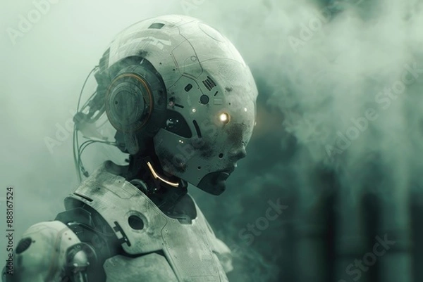 Fototapeta Image of a helmet-wearing robot with glowing red eyes, A robot bathed in a soft, luminescent haze that highlights its intricate design, AI generated