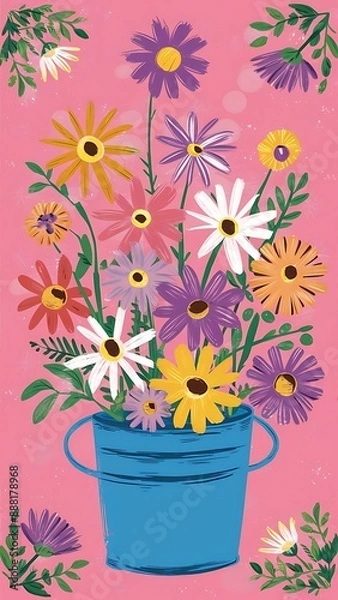 Fototapeta Colorful summer garden flowers in blue bucket on pink background