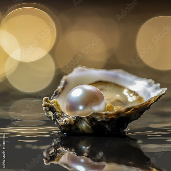 Fototapeta close-up of a single perfect pearl, resting inside, in the center an open oyster shell 