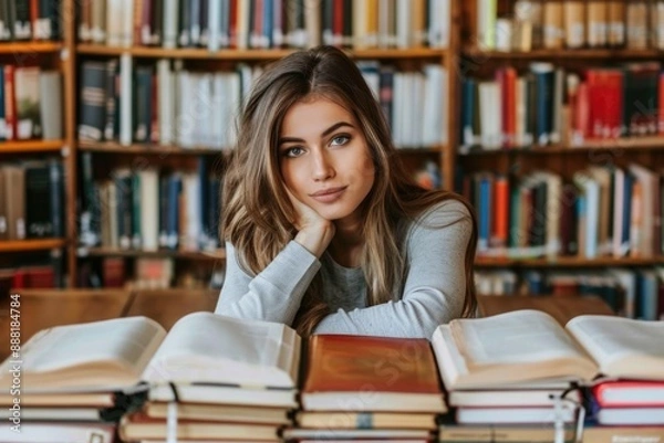 Fototapeta A young woman rests her chin on her hand, contemplating a stack of books in a quiet library
