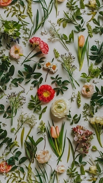 Fototapeta Floral pattern with spring flowers and leaves on white background flat lay composition