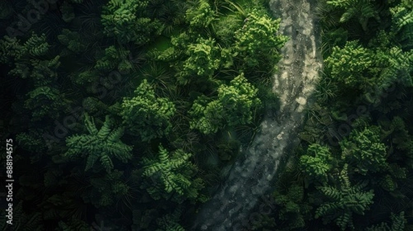 Obraz Aerial top view, mountaint road in dark green forest,