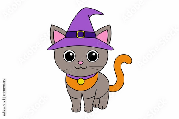Obraz Cute Cat in Witch Hat Vector Illustration Cartoon Clipart and Line Art Design