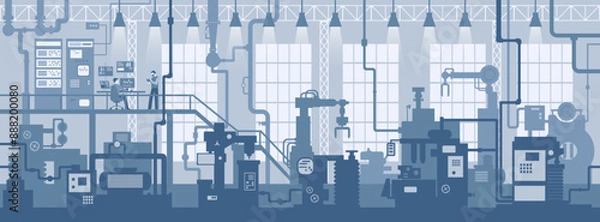 Fototapeta Industrial mechanical machine tools in production line manufacturer factory. Art design the silhouette of the industry