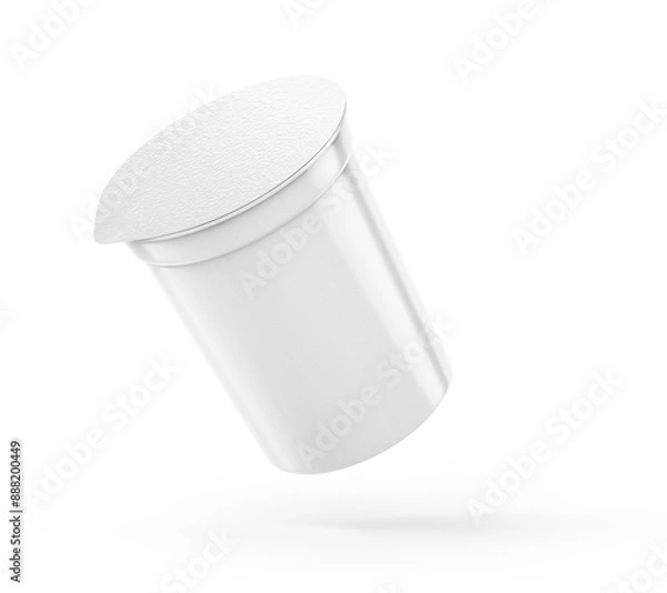 Fototapeta White Plastic Yoghurt Jar With Foil Cover container with foil cap for dessert, yogurt, ice cream, sour cream, snack, butter, margarine or cheese, Mock Up Template 3D rendering 3D illustration