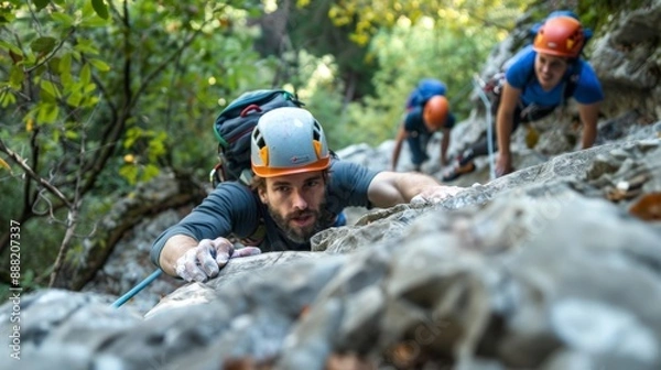 Fototapeta Experienced Climber Leading Beginner on Outdoor Climbing Route for Guidance and Support