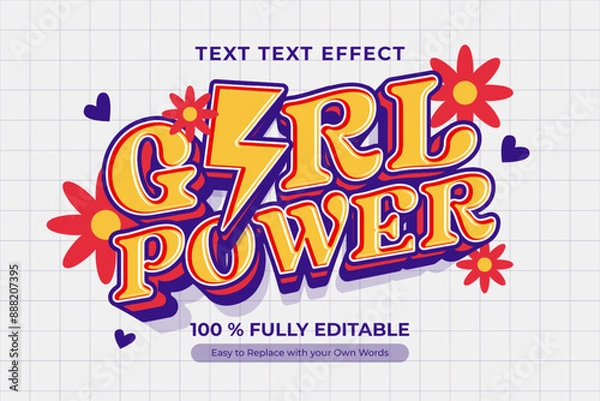 Obraz A colorful and bold text effect design that spells out "Girl Power" in a retro, vintage style. The design features a lightning bolt symbol of empowerment and strength