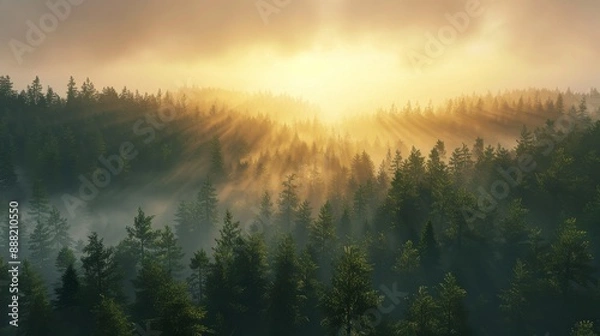 Obraz Wide view of a misty forest at sunrise.