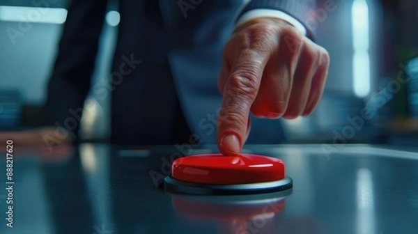 Fototapeta Finger of a man in a suit presses a large red button. AI generated.