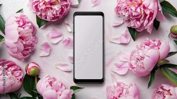 Fototapeta Mockup of smartphone featuring pink peonies on elegant background for app design demo