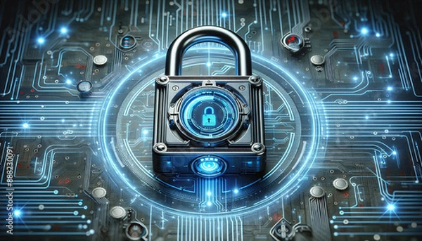 Fototapeta Securing the Digital Realm: Metallic Padlock on Circuit Board