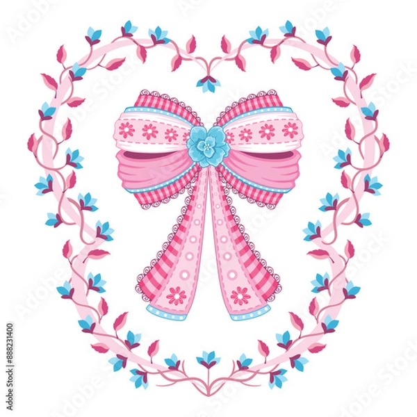 Obraz Pink, elegant, elaborate bow with gingham and lace details in coquette style surrounded by floral vines. Preppy elegant vector illustration.