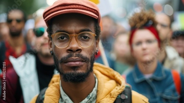 Fototapeta A focused man in a crowd, wearing glasses and a cap, with a serious expression on his face, possibly participating in a public demonstration or gathering.