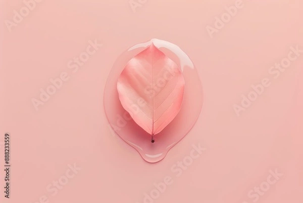 Fototapeta Minimalistic image of a single pink leaf with water droplets, set against a matching pastel pink background.