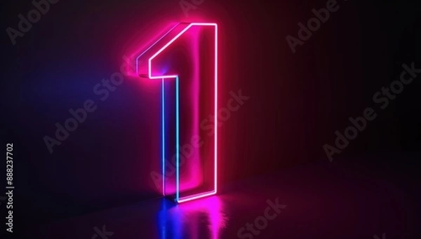 Fototapeta The image depicts a glowing neon number one on a dark reflective surface, featuring vibrant pink and blue hues, ideal for contemporary and vibrant design projects.