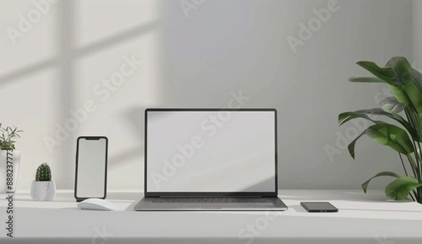 Fototapeta A minimalistic and clean workspace setup featuring a sleek laptop, smartphone, white mouse, and green plant on a white desk under soft sunlight.