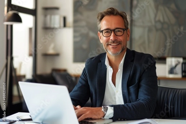 Fototapeta A professional businessman seated at a desk with a laptop, smiling confidently, surrounded by modern office decor and a large abstract painting in the background.