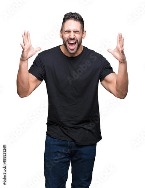 Fototapeta Young handsome man over isolated background celebrating mad and crazy for success with arms raised and closed eyes screaming excited. Winner concept