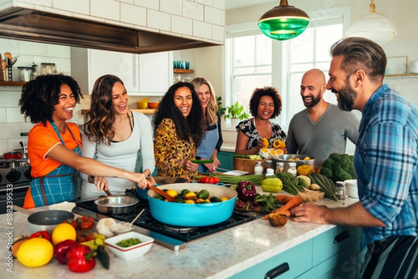 Obraz A group of people are gathered around a kitchen counter, preparing food together