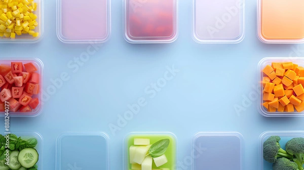 Fototapeta Trendy meal prepping in organized kitchens, top view, emphasizing healthy eating habits, cybernetic tone, Analogous Color Scheme