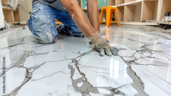 Fototapeta Worker installing marble flooring in half paved apartment, completing floor installation task
