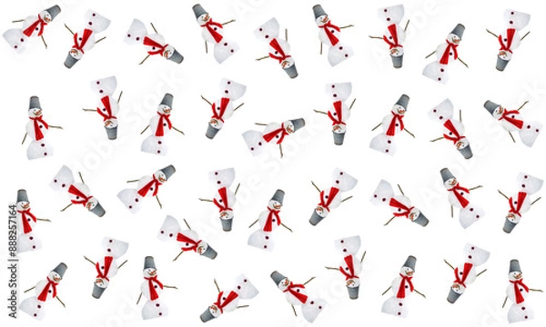 Fototapeta Minimalist gift wrapping paper pattern. Christmas, winter theme. A snowman with a red knitted scarf, a bucket on his head, a carrot nose. Dynamic composition, repetition. Image manipulation. PNG