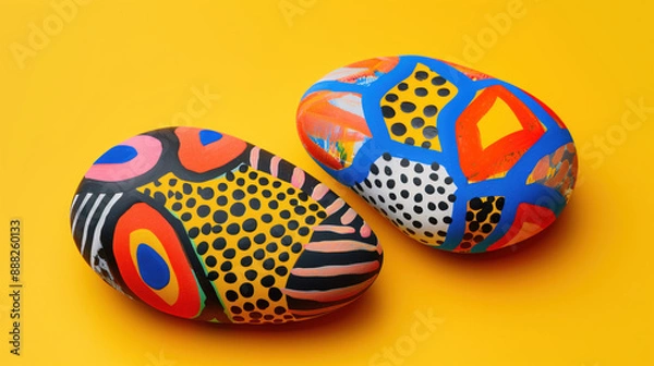 Obraz Two pebbles with vibrant, bold patterns featuring abstract shapes and polka dots set against a bright yellow background, creating a visually striking composition.