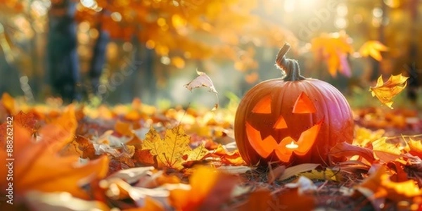Obraz Close up of Halloween pumpkins in the park covered in autumn yellow leaves.