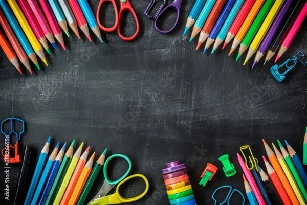 Fototapeta On a chalkboard background, a bottom border with school supplies is shown