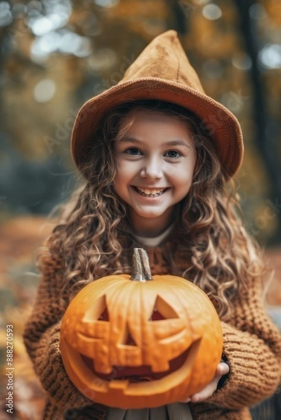 Obraz Portrait of a little girl holding a Halloween pumpkin in a park surrounded by autumn yellow leaves.