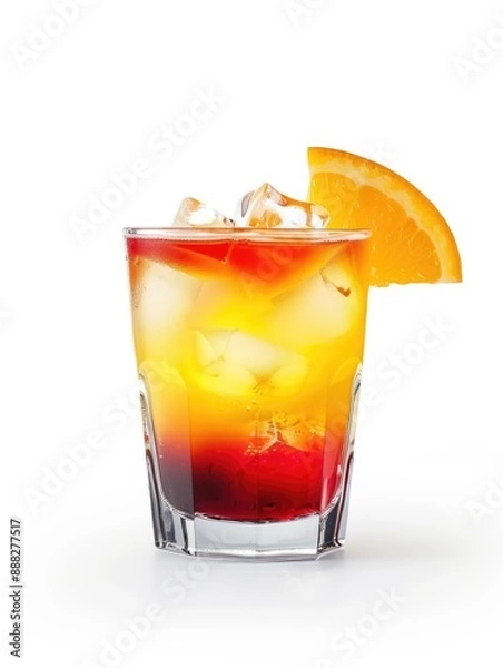 Fototapeta A refreshing beverage featuring freshly squeezed orange juice, accompanied by a decorative slice of orange atop its brim