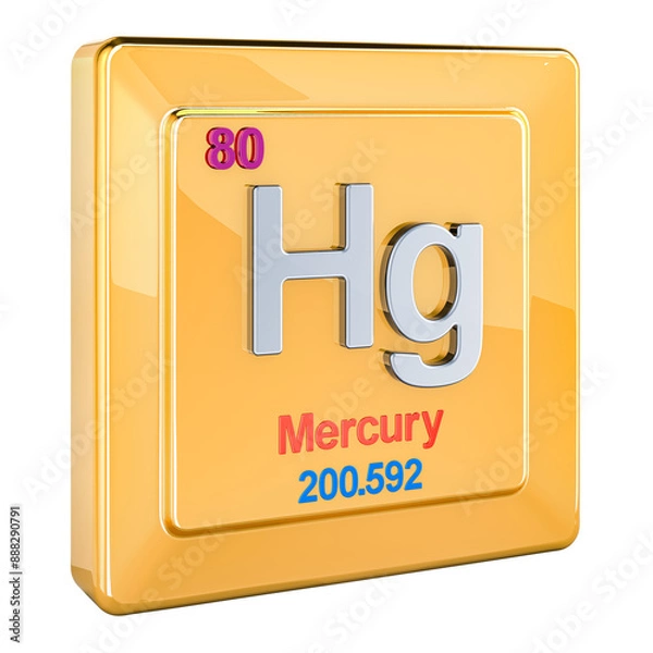 Fototapeta Mercury Hg, chemical element sign with number 80 in periodic table. 3D rendering isolated on transparent background