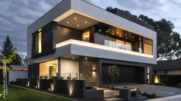 Fototapeta suburban contemporary home with a modern black and white facade and hidden lighting that illuminates the structure at night