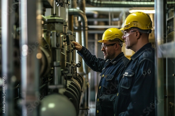 Fototapeta Two engineers wearing safety helmets work on high-tech machinery in a nuclear plant. Industrial environment with advanced technology.