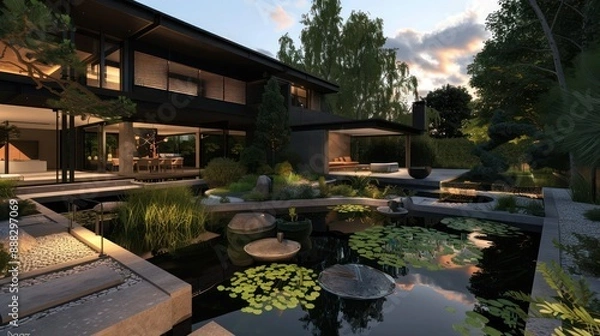 Fototapeta modern suburban house with a series of interconnected ponds and water features that create a tranquil outdoor oasis