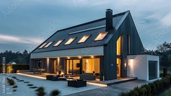 Fototapeta sleek suburban contemporary home with a monochrome color scheme and strategically placed skylights for natural lighting