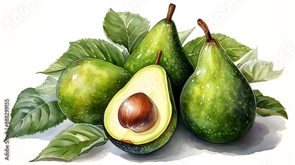 Obraz Alligator pear watercolor painting isolated avocado slices and leaves illustration AI Generated