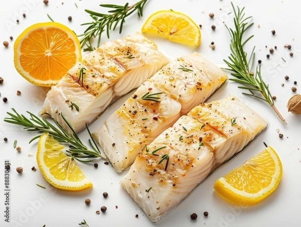 Fototapeta Fresh fish fillet with lemon and rosemary, arranged in a neat flat lay,