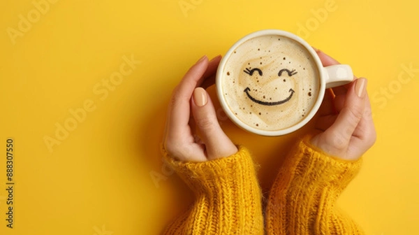 Obraz Woman's hands holding a cup of coffee, isolated on yellow.. Generative AI