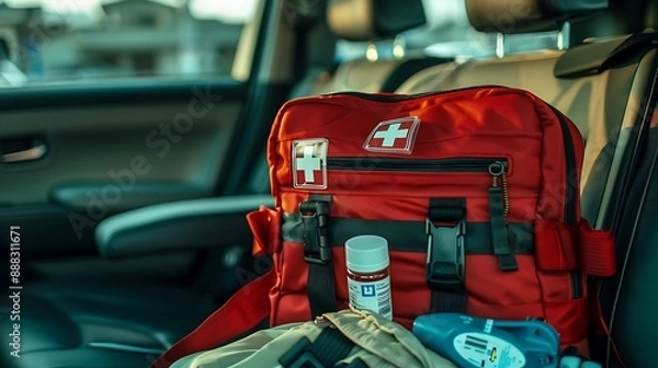 Obraz Car's emergency kit featuring a first aid kit for road safety and emergency